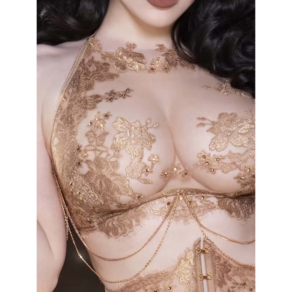 Elegant Gold Floral Lace Women's Bra